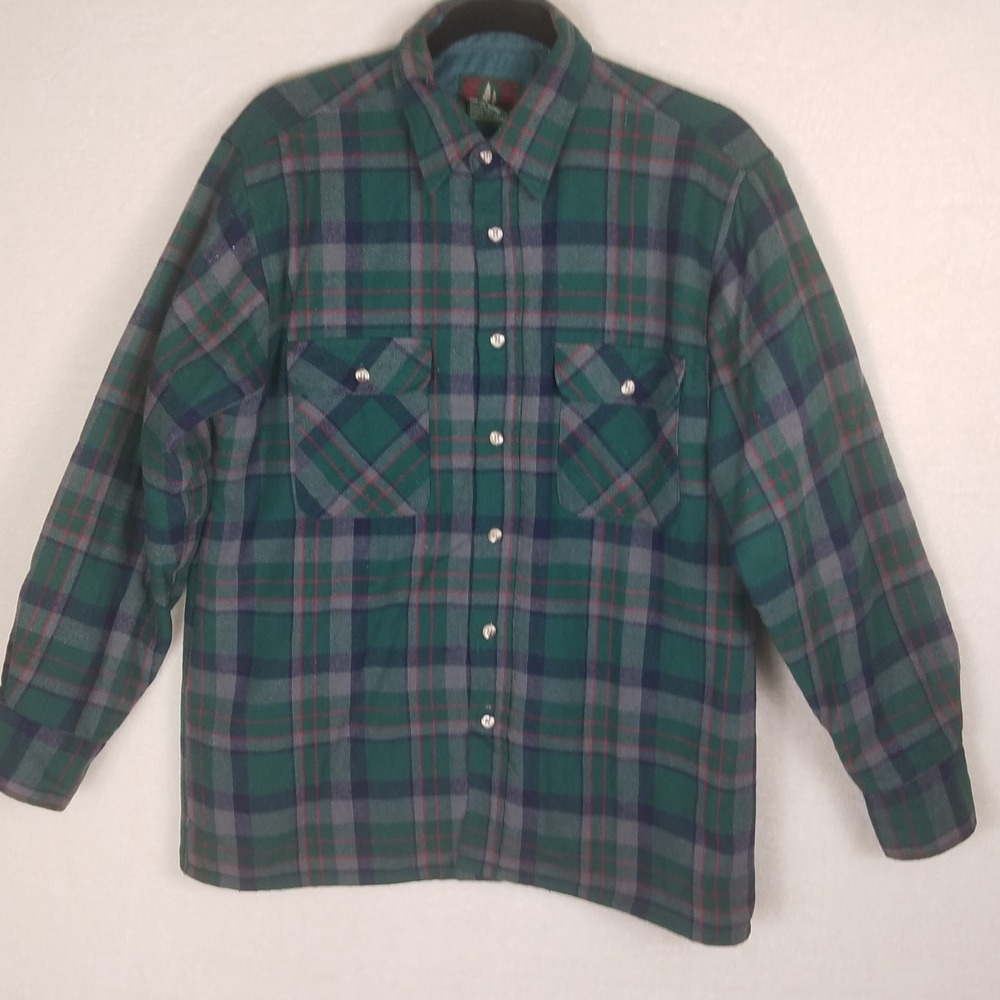 High Sierra Plaid Shirt Jacket Mens M Green Wool Blend Quilted Lined Shacket vnt